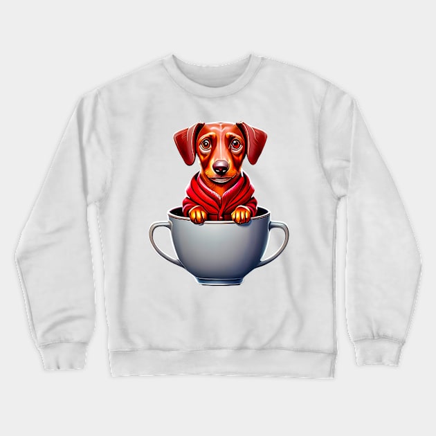 The Cozy Cup Dachshund: Adorable Dog in Red Hoodie Tee Crewneck Sweatshirt by fur-niche